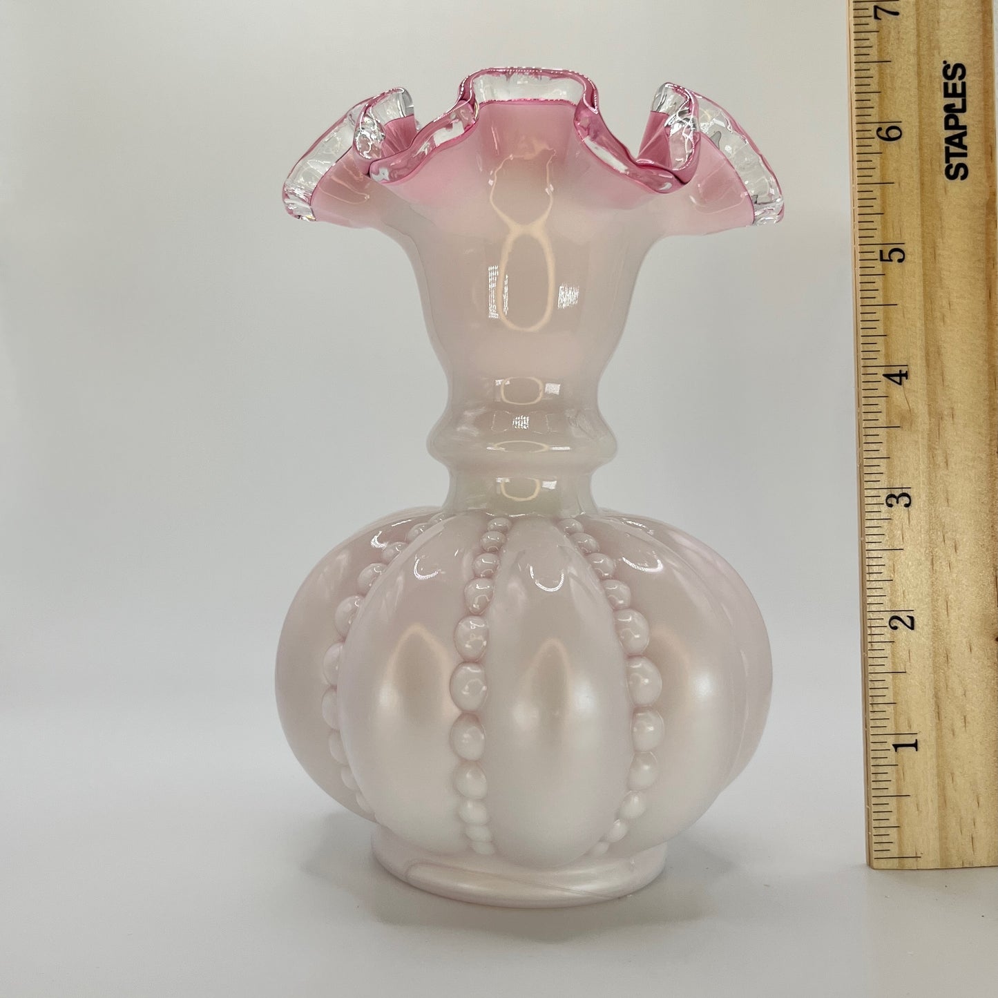 Fenton Pink/Peach Crest Beaded Melon Vintage 6" Vase with Double Crimp Edge