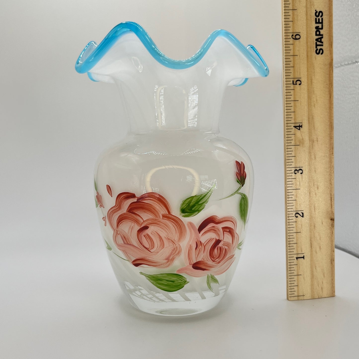 Fenton Art Glass Hand-Painted White Vase with Pink Roses and Blue Ruffled Edge – 8"