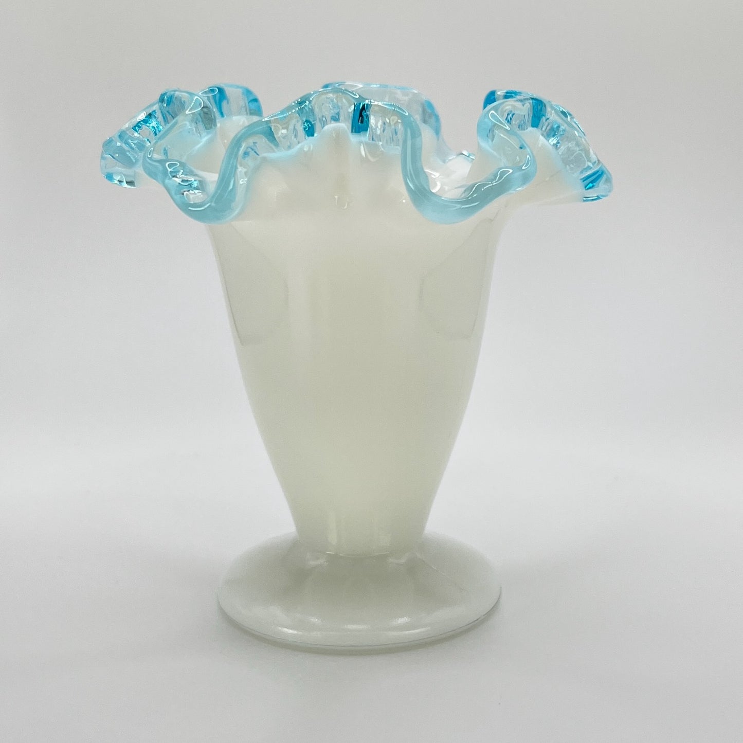 Fenton Milk Glass Vase with Aqua Blue Ruffled Rim – Vintage Art Glass