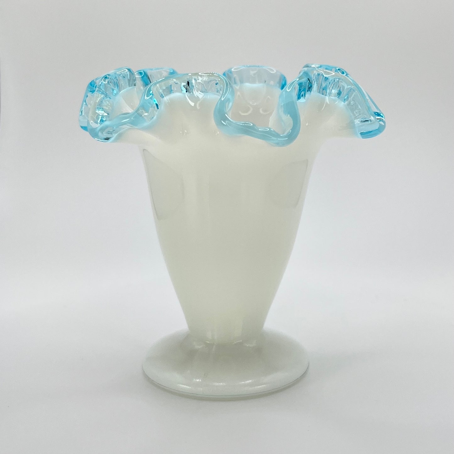 Fenton Milk Glass Vase with Aqua Blue Ruffled Rim – Vintage Art Glass