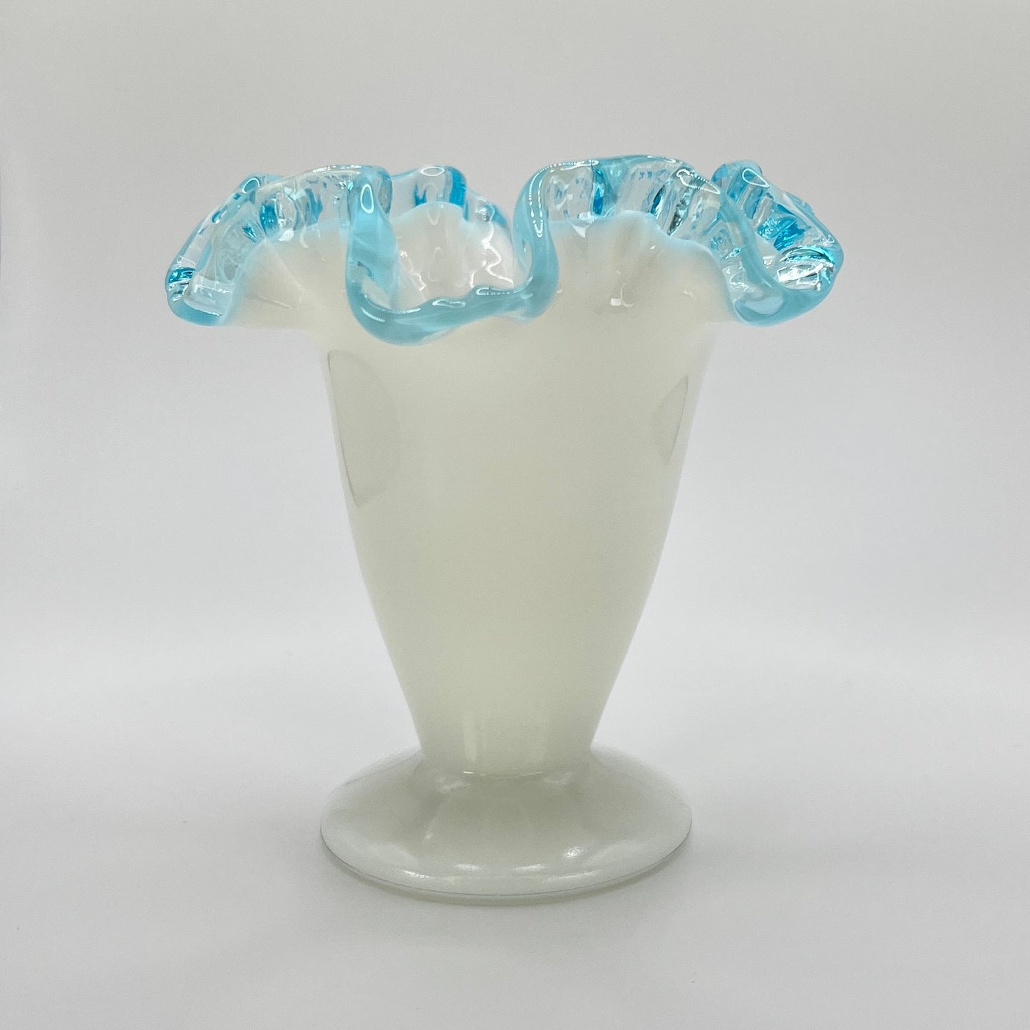Fenton Milk Glass Vase with Aqua Blue Ruffled Rim – Vintage Art Glass
