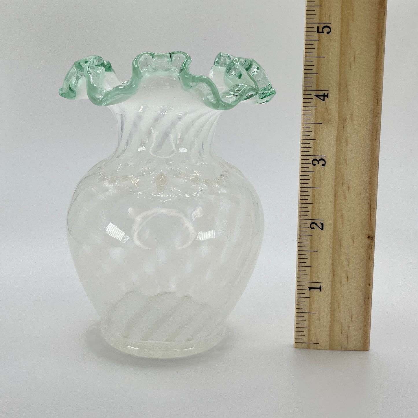 Fenton White Opalescent Swirl Vase with Ruffled Rim – Vintage Glass Collectible