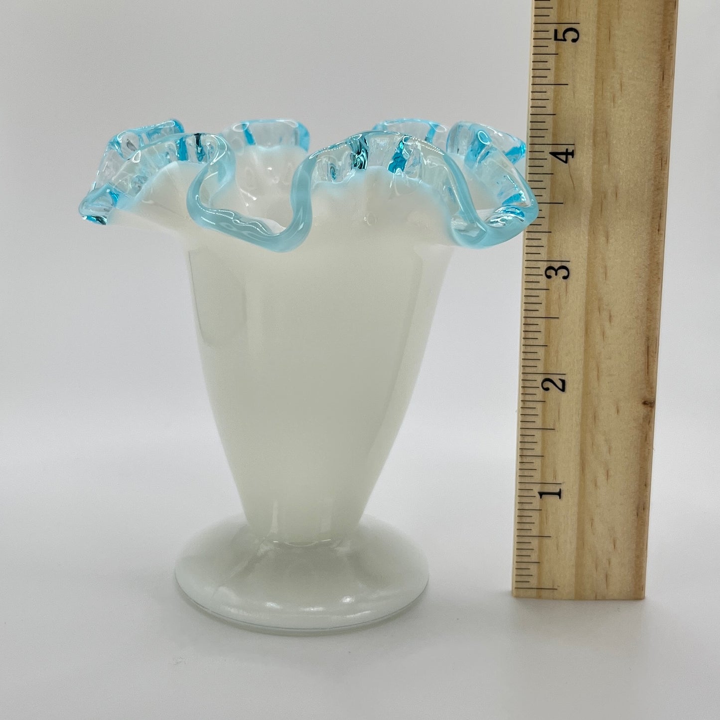 Fenton Milk Glass Vase with Aqua Blue Ruffled Rim – Vintage Art Glass