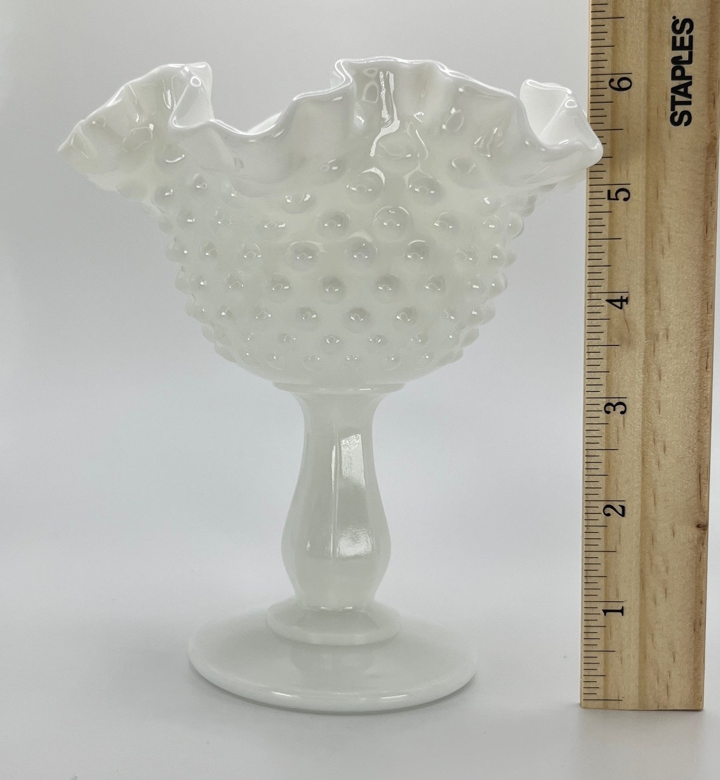 Fenton Milk Glass Hobnail Pedestal Compote with Ruffled Edge – Vintage Glass Collectible