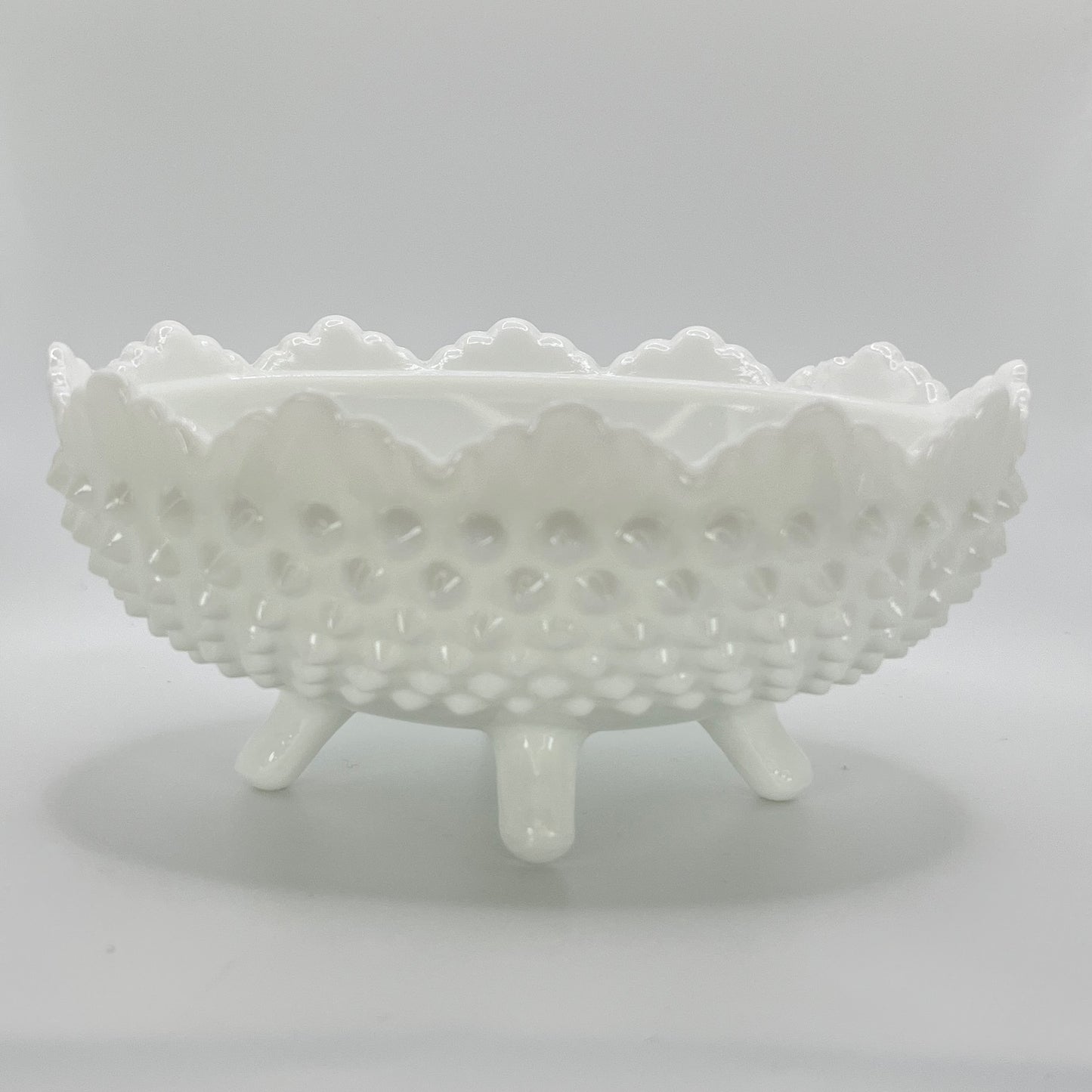 Fenton Milk Glass Hobnail Footed Bowl – Scalloped Edge Vintage Dish