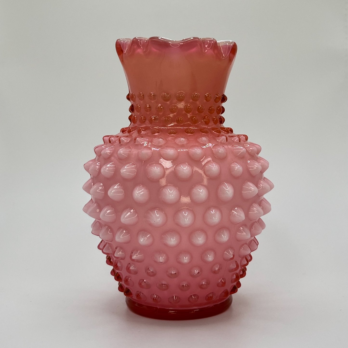 Fenton Cranberry Opalescent Hobnail Pitcher – Vintage Art Glass with Clear Handle