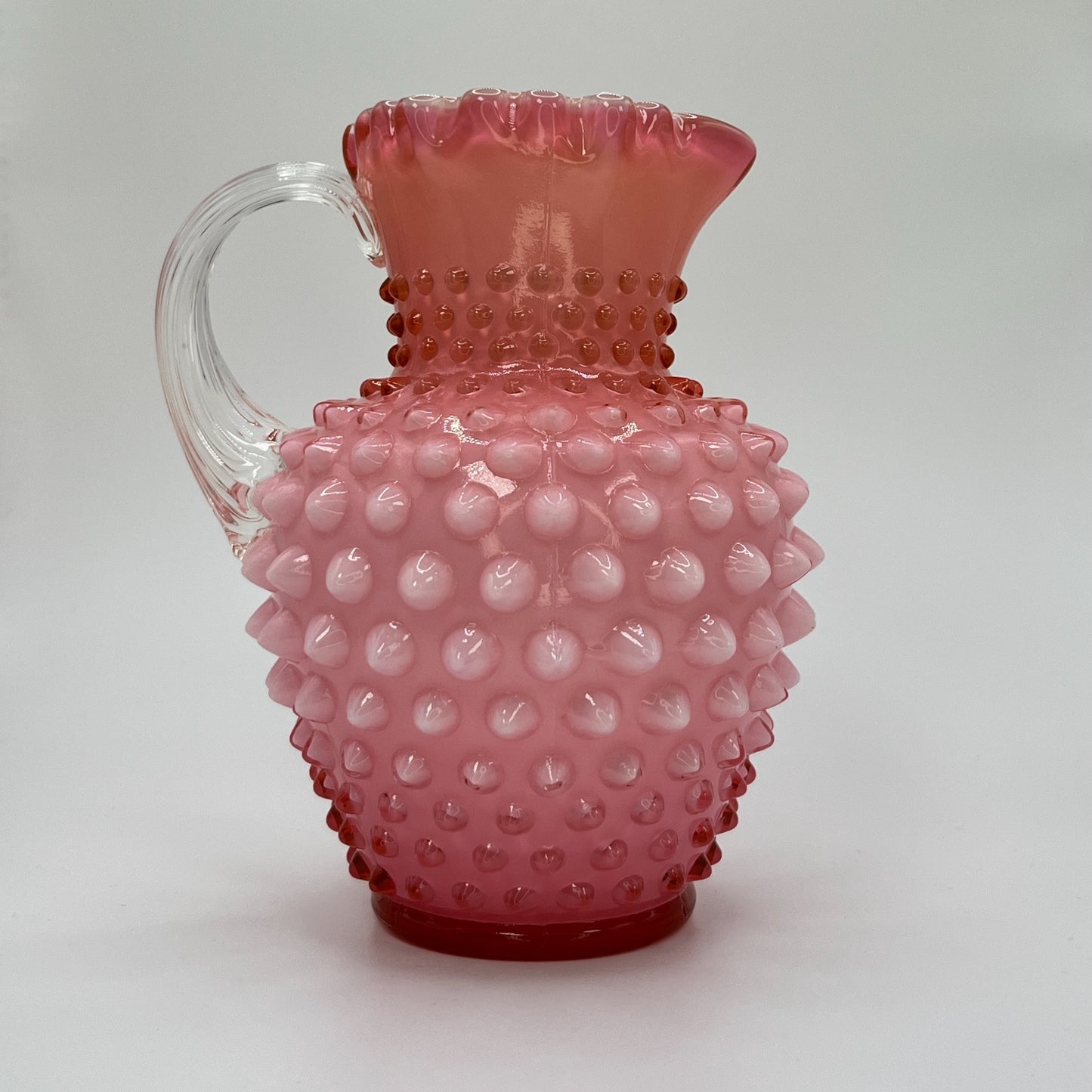 Fenton Cranberry Opalescent Hobnail Pitcher – Vintage Art Glass with Clear Handle