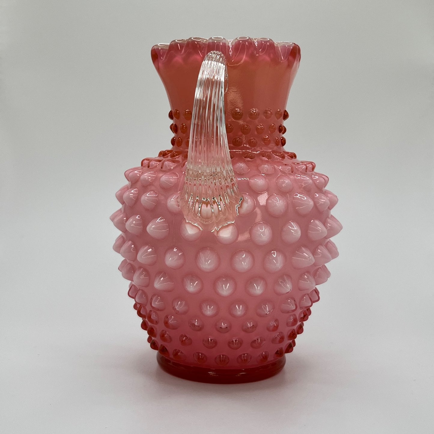 Fenton Cranberry Opalescent Hobnail Pitcher – Vintage Art Glass with Clear Handle