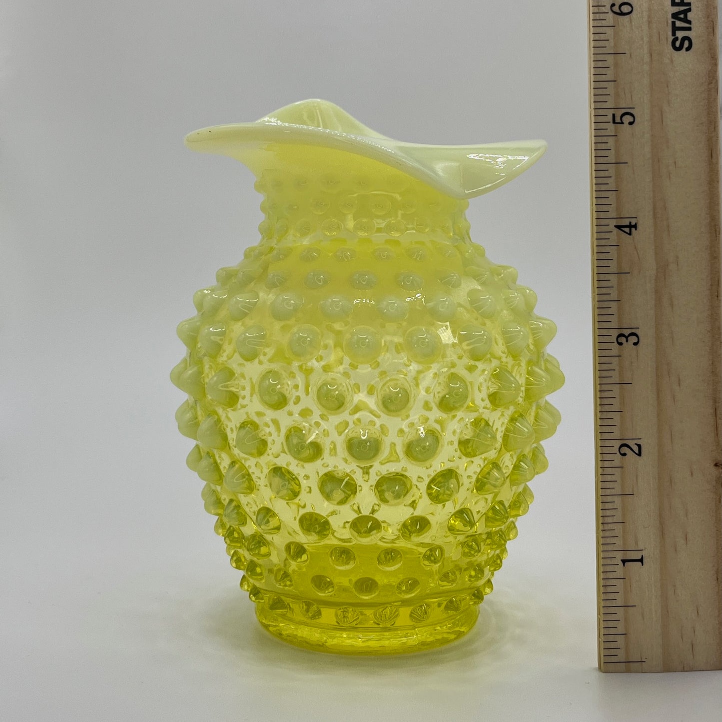 Fenton Vaseline Glass Hobnail Vase – Glows Under UV Light, Topaz Opalescent