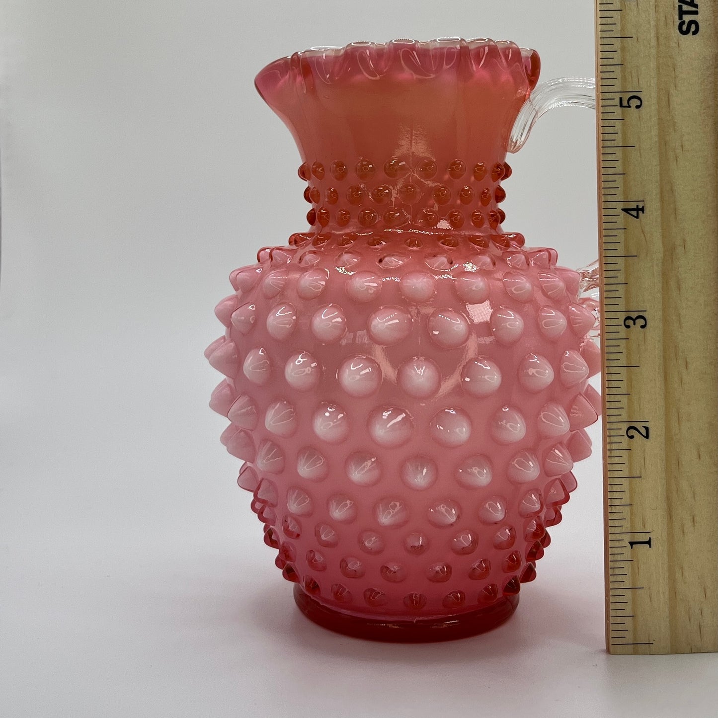 Fenton Cranberry Opalescent Hobnail Pitcher – Vintage Art Glass with Clear Handle
