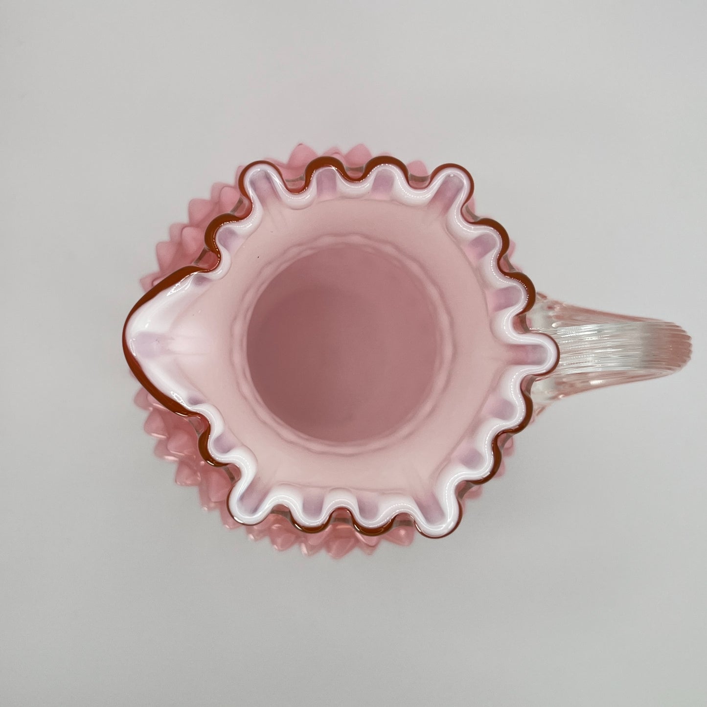 Fenton Cranberry Opalescent Hobnail Pitcher – Vintage Art Glass with Clear Handle