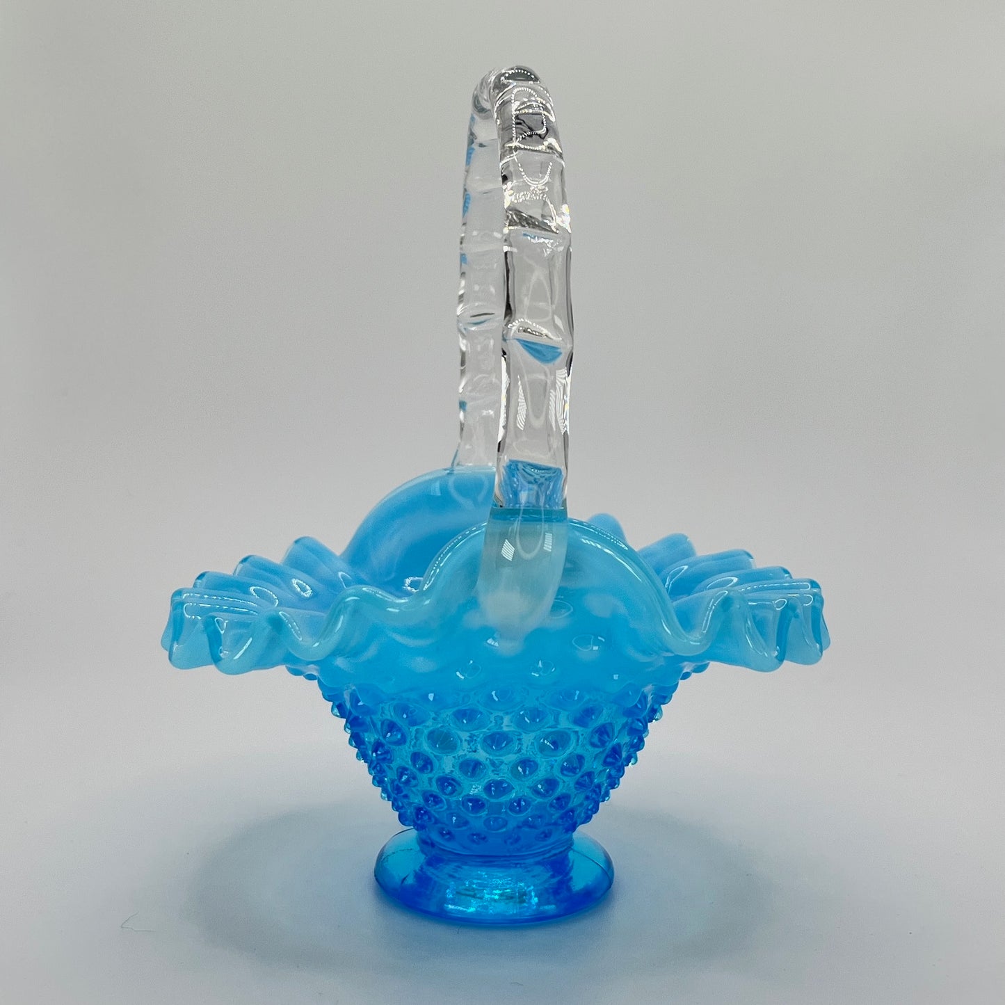 Blue Opalescent Hobnail Glass Basket with Clear Handle – Vintage Art Glass