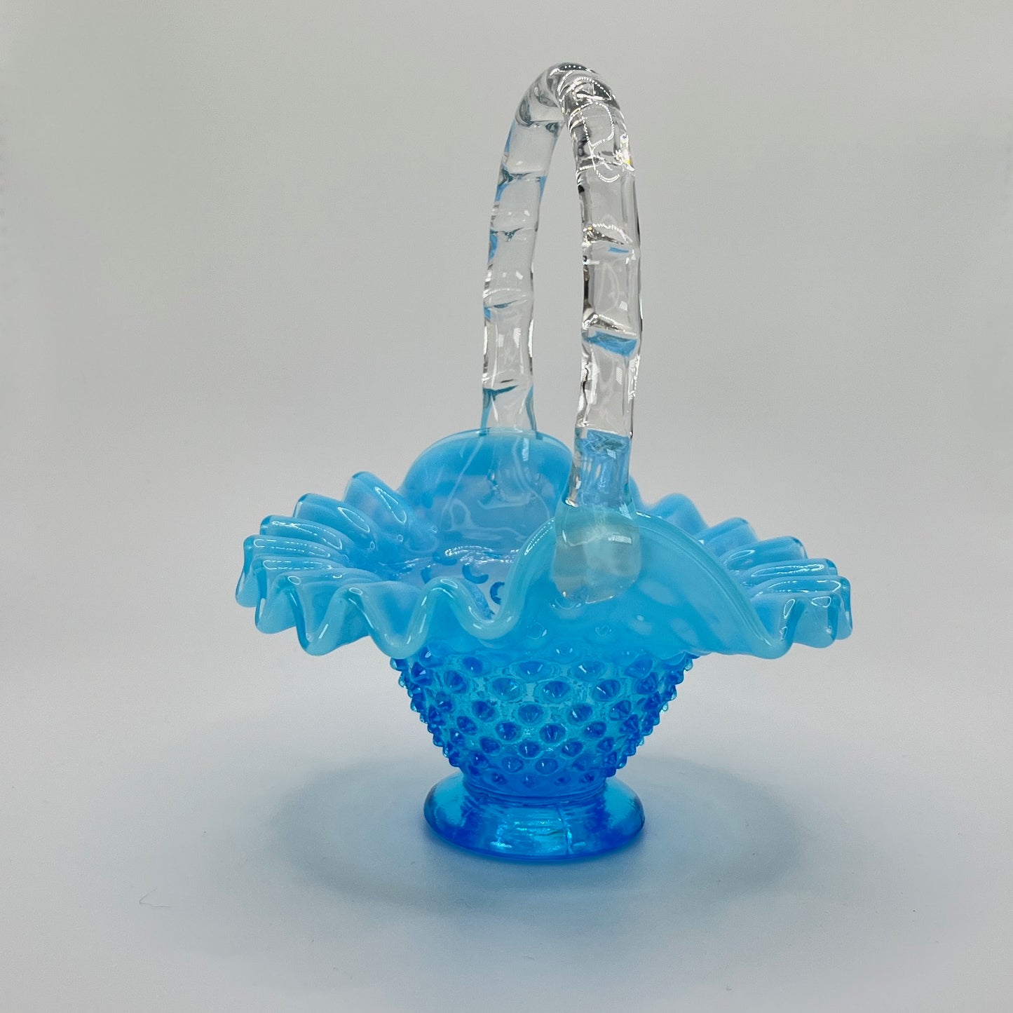 Blue Opalescent Hobnail Glass Basket with Clear Handle – Vintage Art Glass