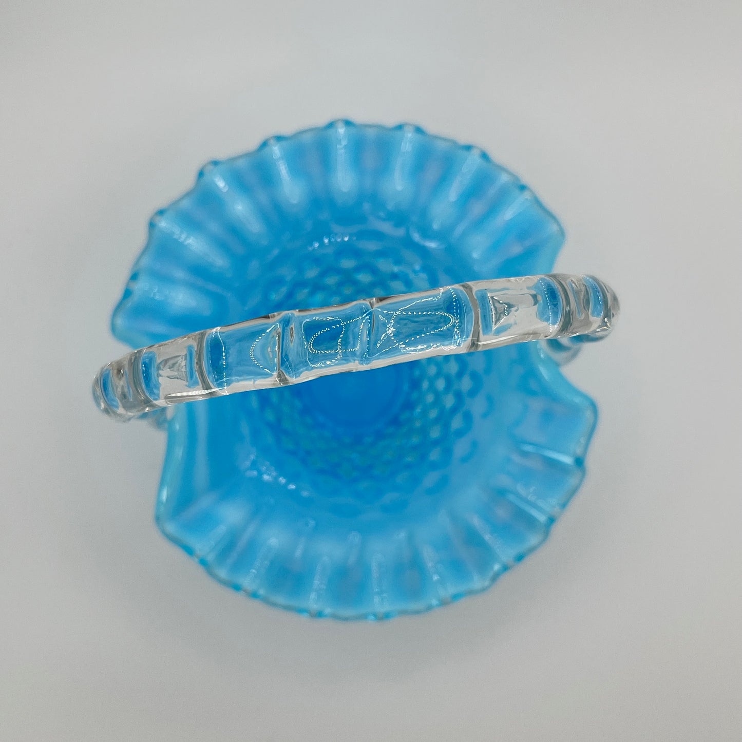 Blue Opalescent Hobnail Glass Basket with Clear Handle – Vintage Art Glass