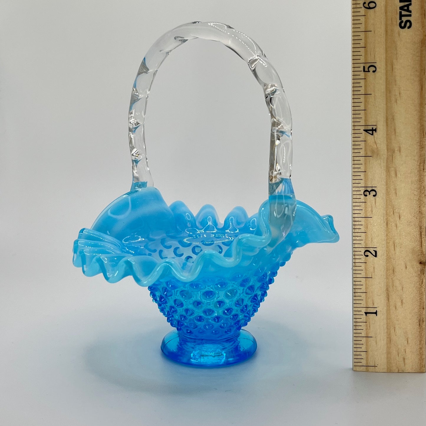 Blue Opalescent Hobnail Glass Basket with Clear Handle – Vintage Art Glass