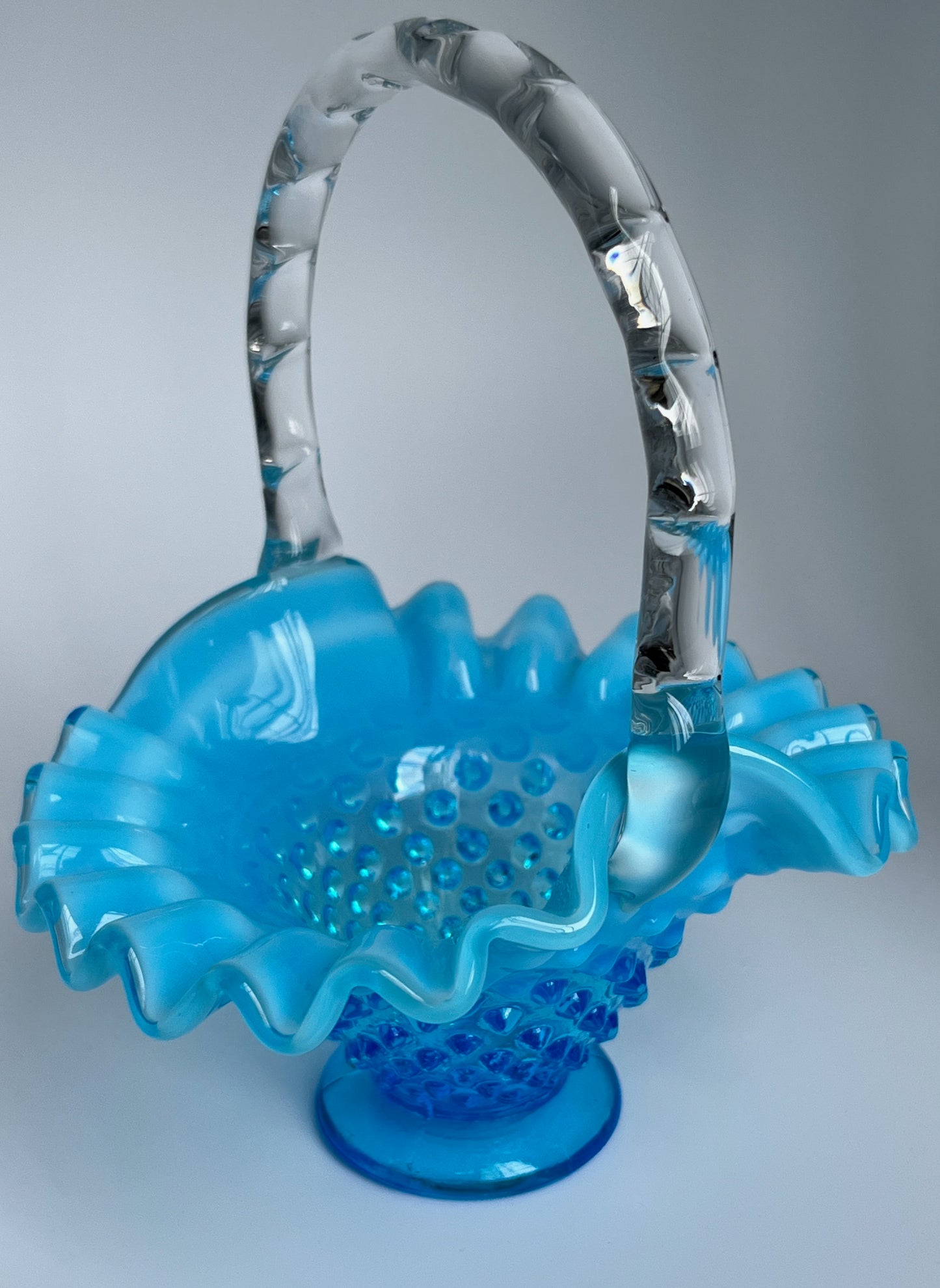 Blue Opalescent Hobnail Glass Basket with Clear Handle – Vintage Art Glass