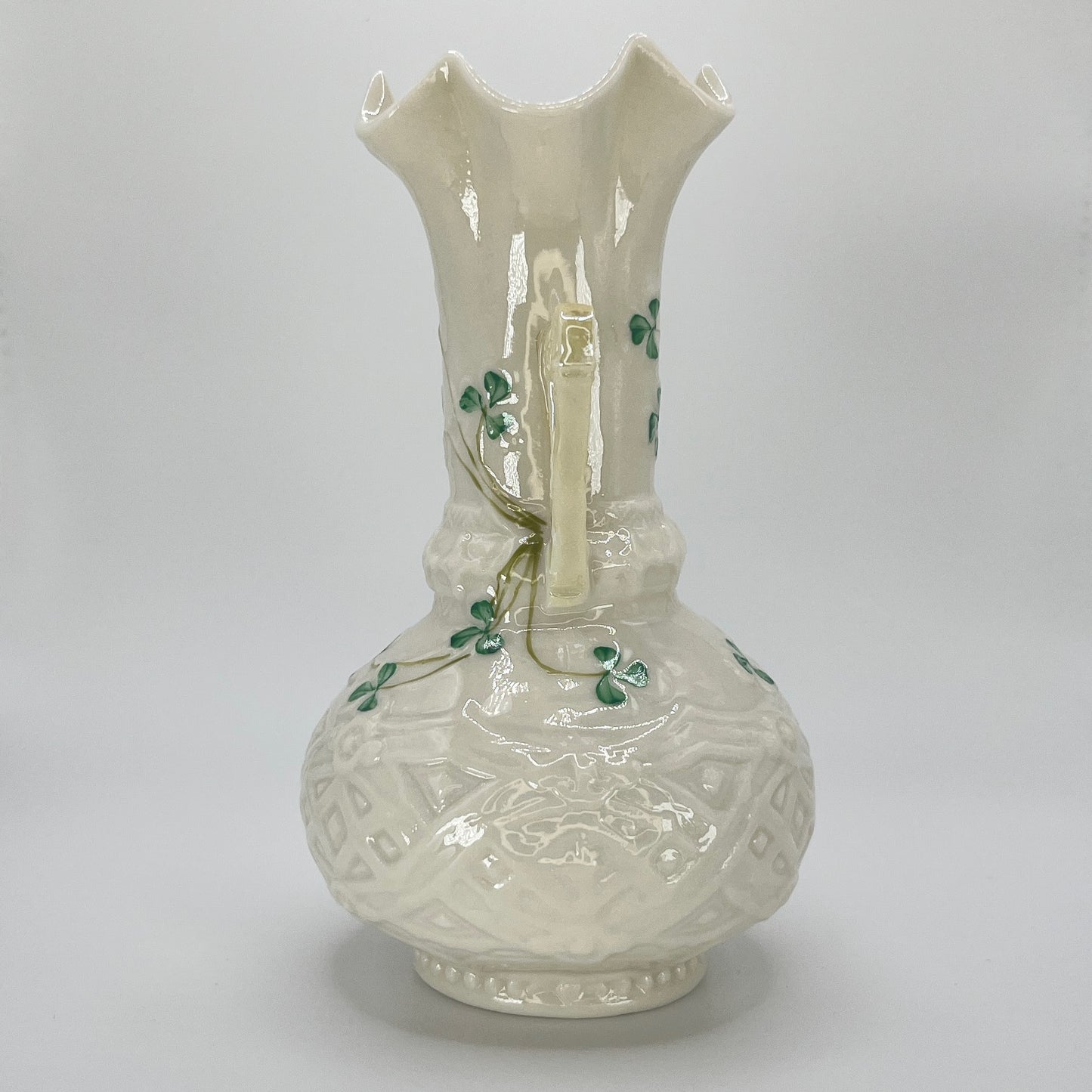 Belleek Shamrock Vase – Irish Porcelain with Celtic Embossing & Twin Handles (1965–1980)