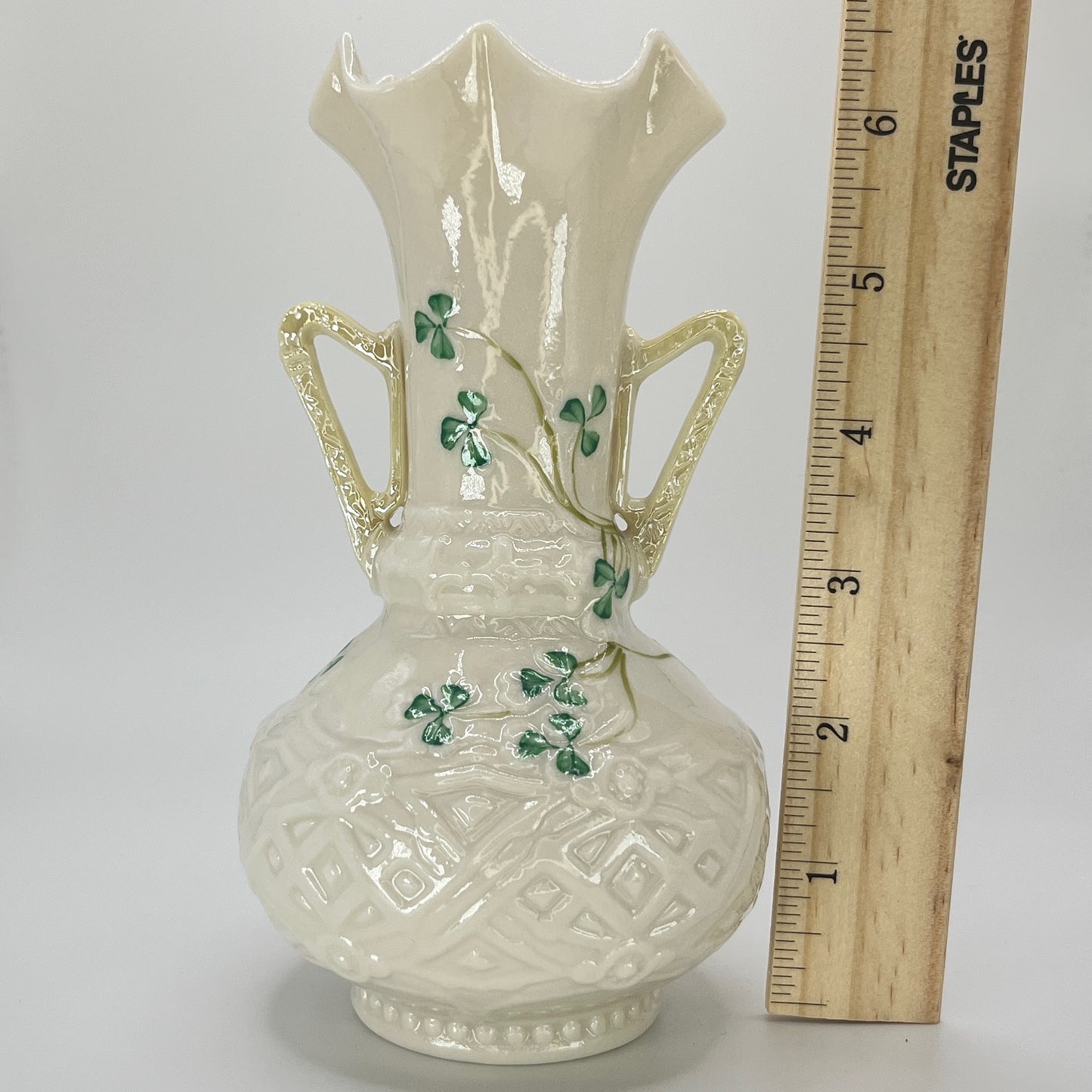 Belleek Shamrock Vase – Irish Porcelain with Celtic Embossing & Twin Handles (1965–1980)