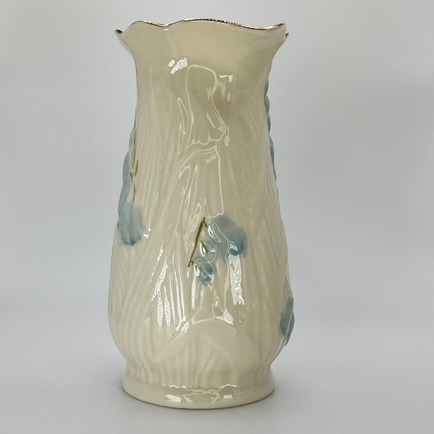 Belleek Blue Floral Vase – Irish Parian Porcelain with Gold Rim (8th Mark, 1993–1997)