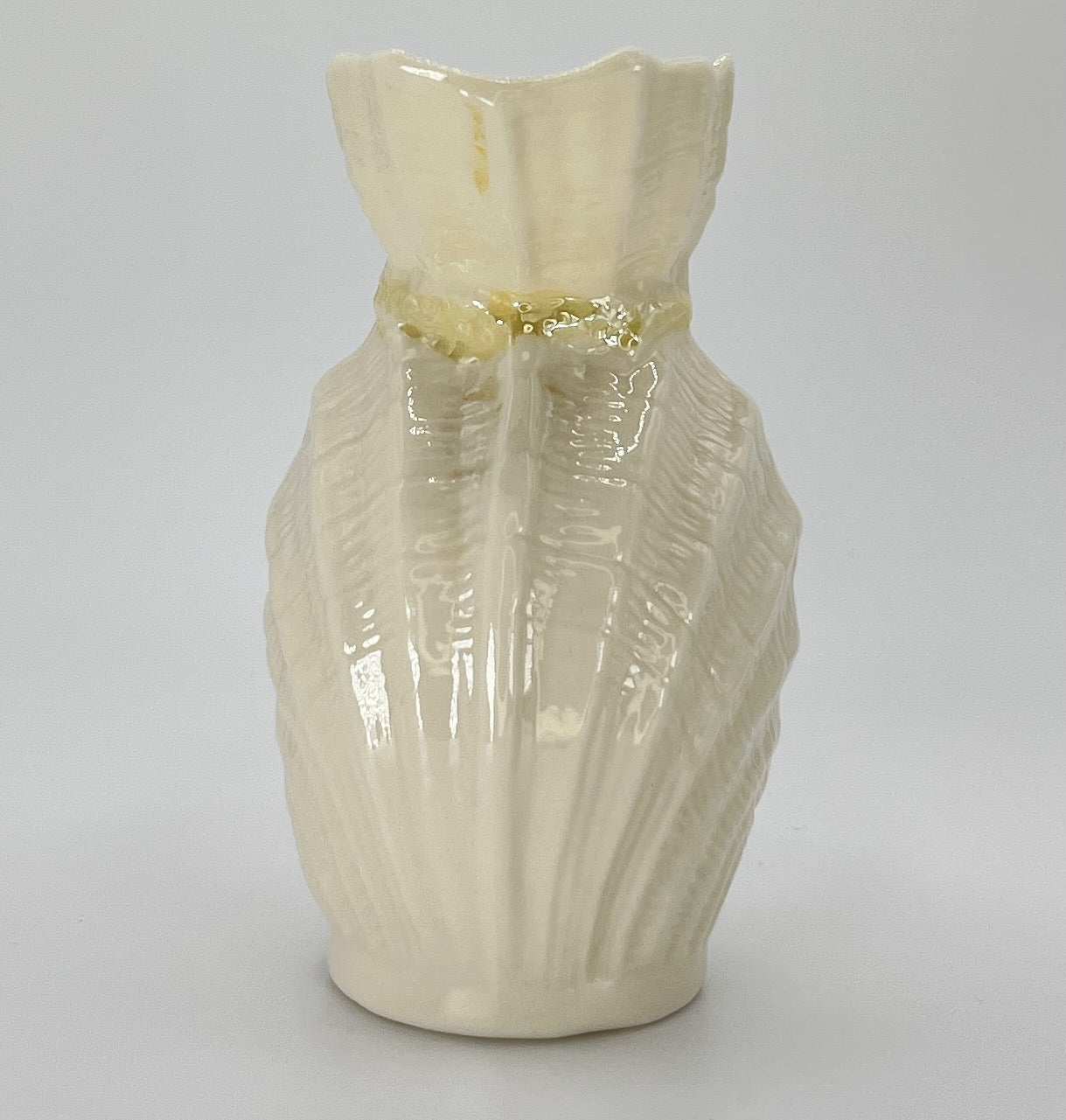 Belleek Shell Ewer Pitcher – Irish Parian Porcelain with Yellow Handle (6th Mark, 1965–1980)