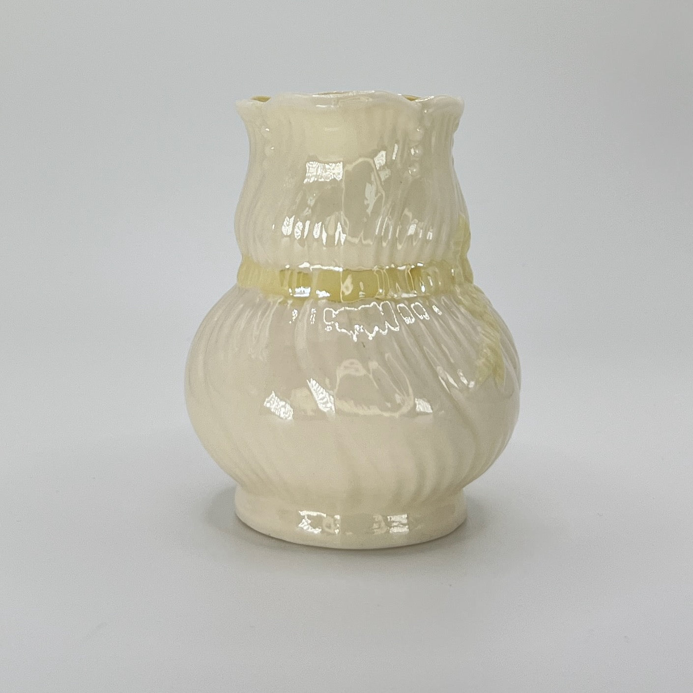 Belleek Cream Pitcher with Embossed Bow & Gold Handle – Ireland, 6th Mark (1965–1980)