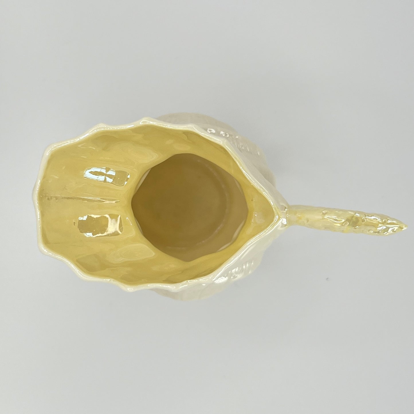 Belleek Shell Ewer Pitcher – Irish Parian Porcelain with Yellow Handle (6th Mark, 1965–1980)