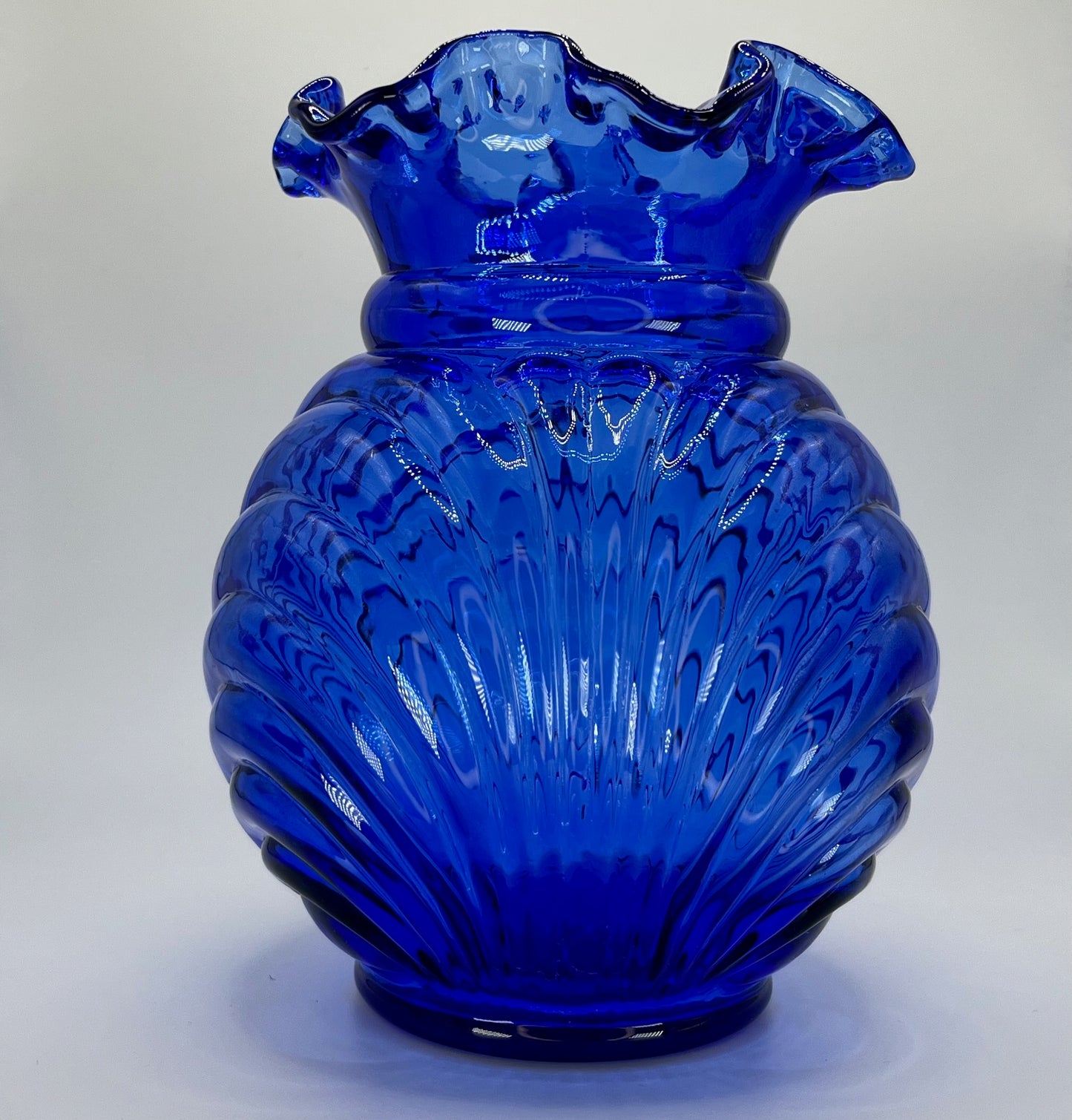 Cobalt Blue Art Glass Vase with Ruffled Rim & Bow Design