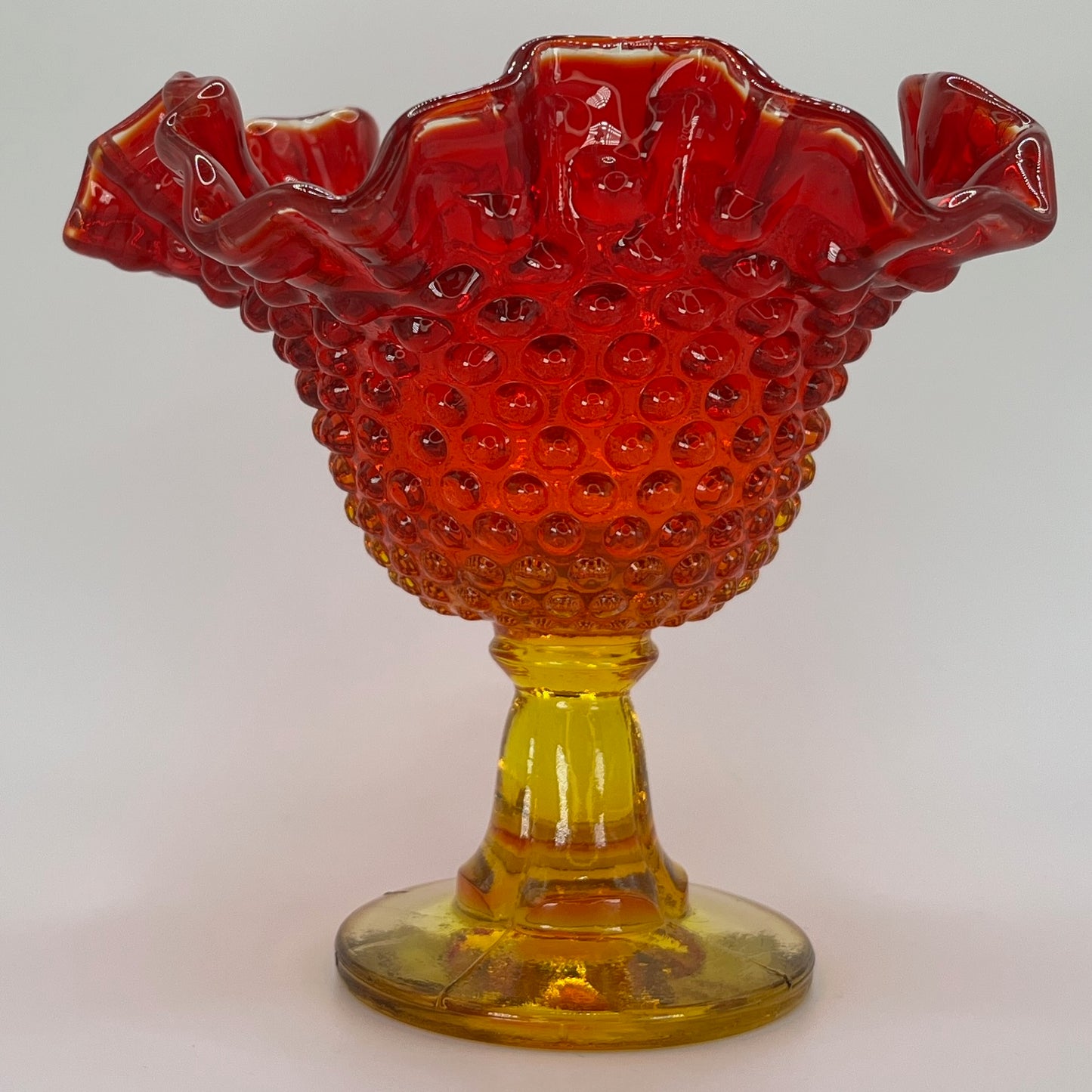 Fenton Amberina Hobnail Glass Compote – Ruffled Edge Pedestal