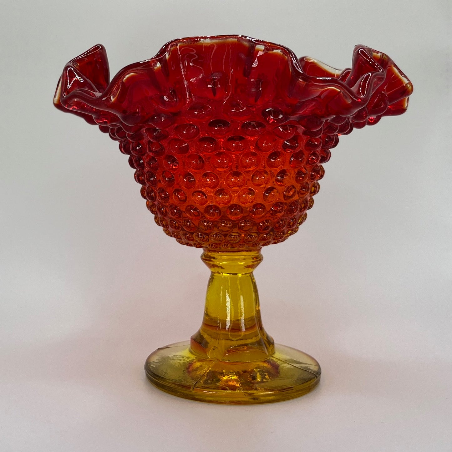 Fenton Amberina Hobnail Glass Compote – Ruffled Edge Pedestal