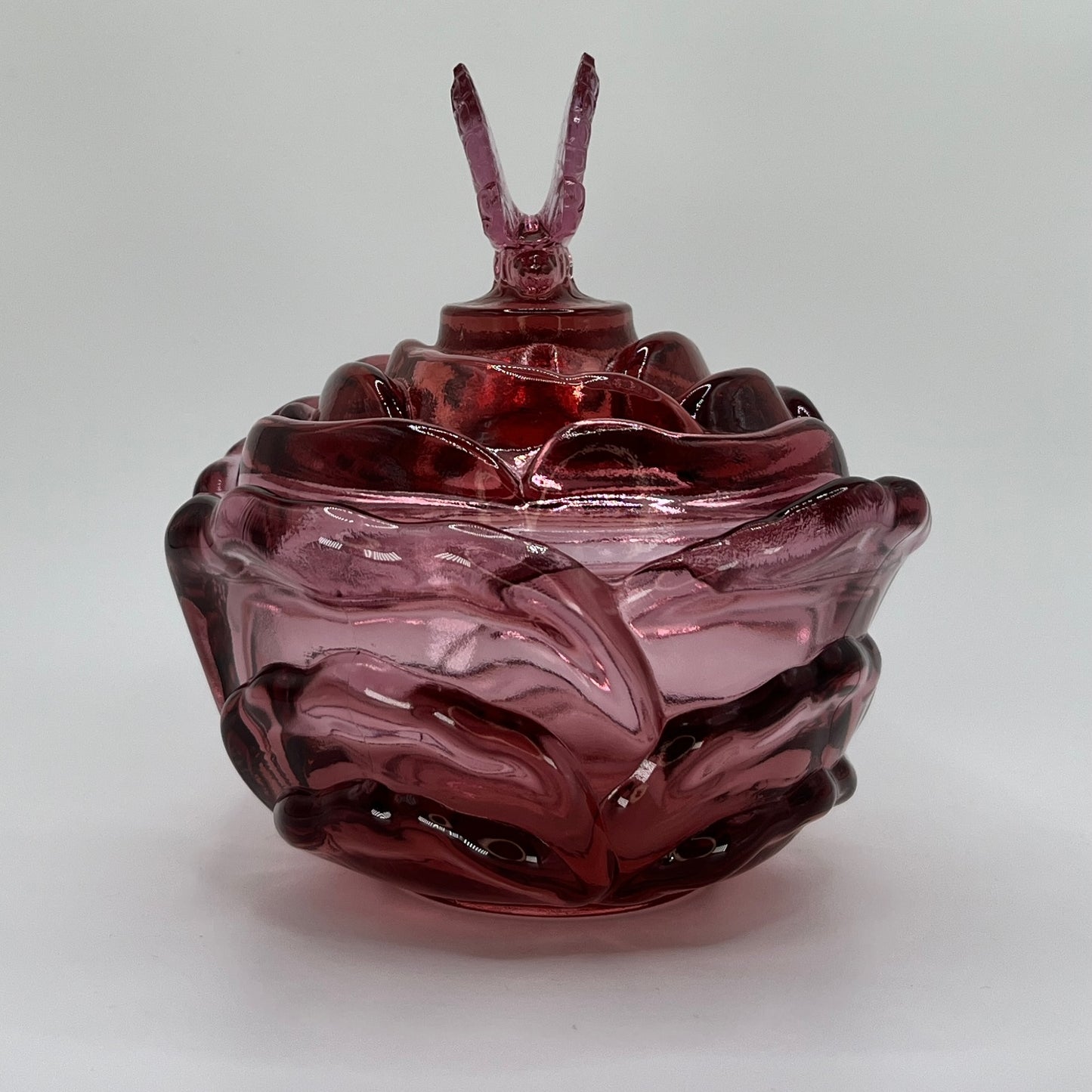 Fenton Vintage Pink Rose Candy Dish with Butterfly Lid