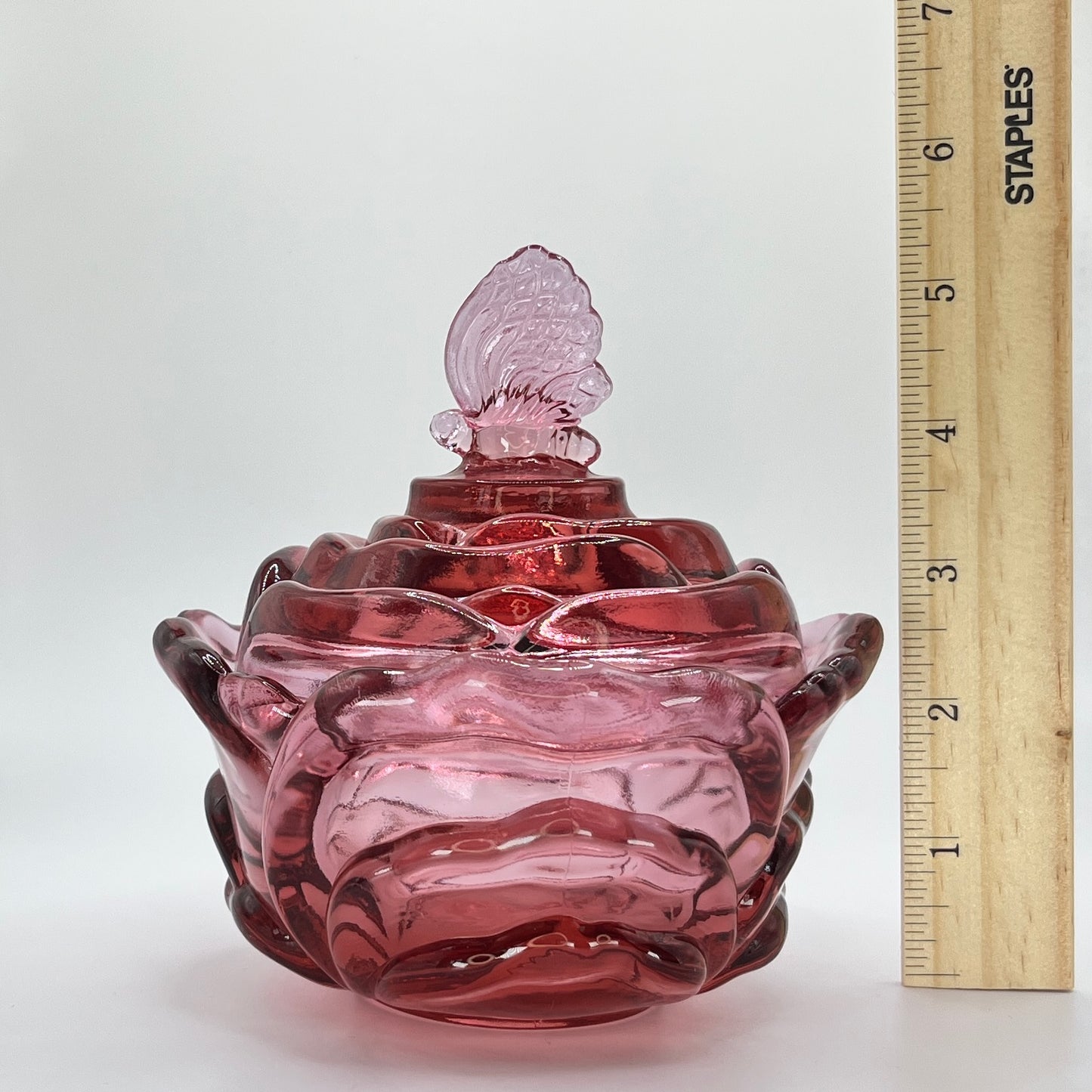 Fenton Vintage Pink Rose Candy Dish with Butterfly Lid