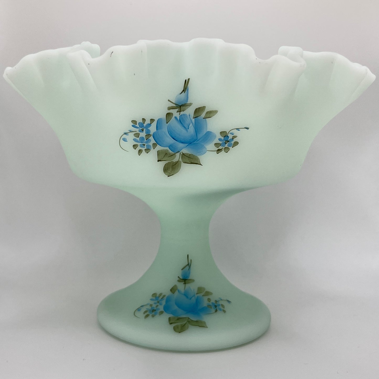 Fenton Blue Satin Glass Compote – Handpainted by Amy S.