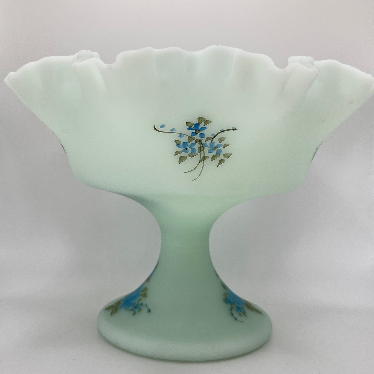 Fenton Blue Satin Glass Compote – Handpainted by Amy S.
