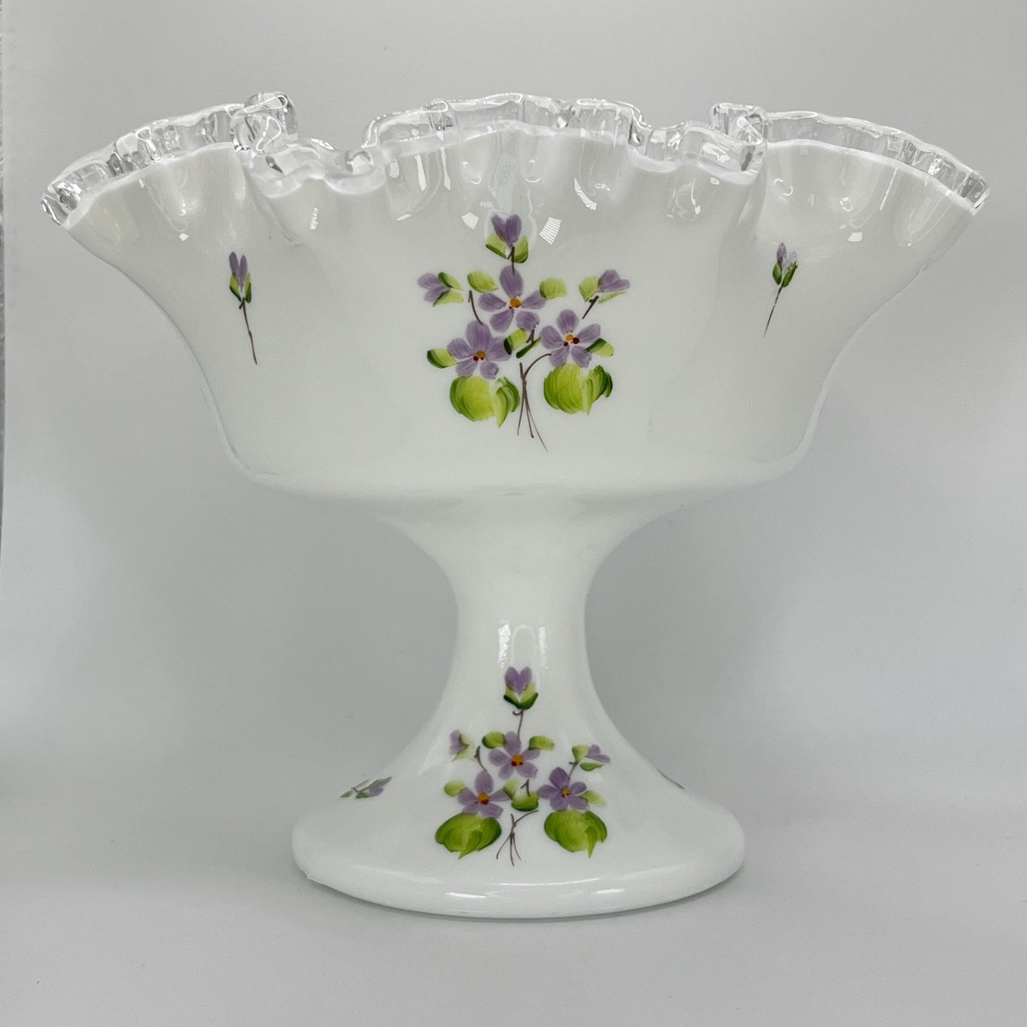 Signed Fenton Milk Glass Compote – Hand-Painted Violets with Clear-Crested Rim