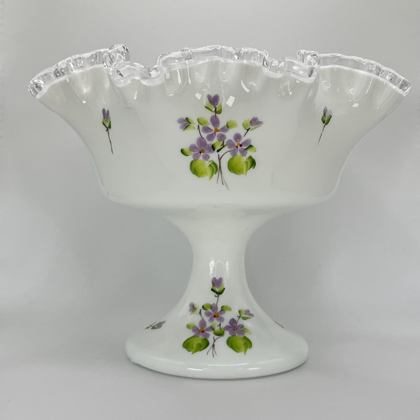Signed Fenton Milk Glass Compote – Hand-Painted Violets with Clear-Crested Rim