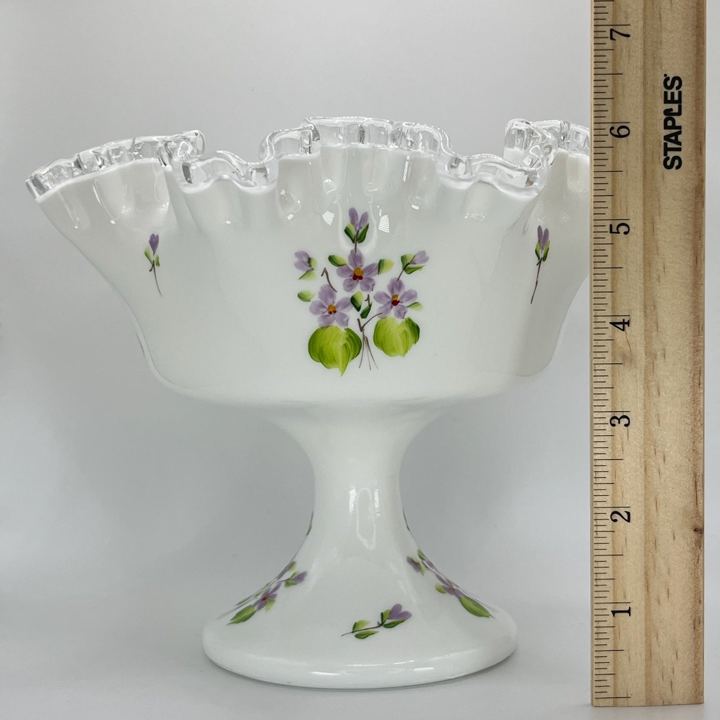 Signed Fenton Milk Glass Compote – Hand-Painted Violets with Clear-Crested Rim