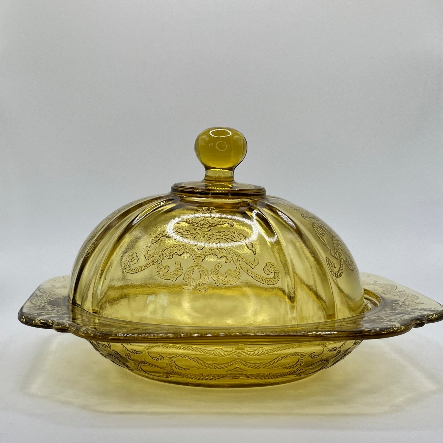 Federal Glass Amber Madrid Depression Glass Butter Dish with Dome Lid – 1930s Vintage