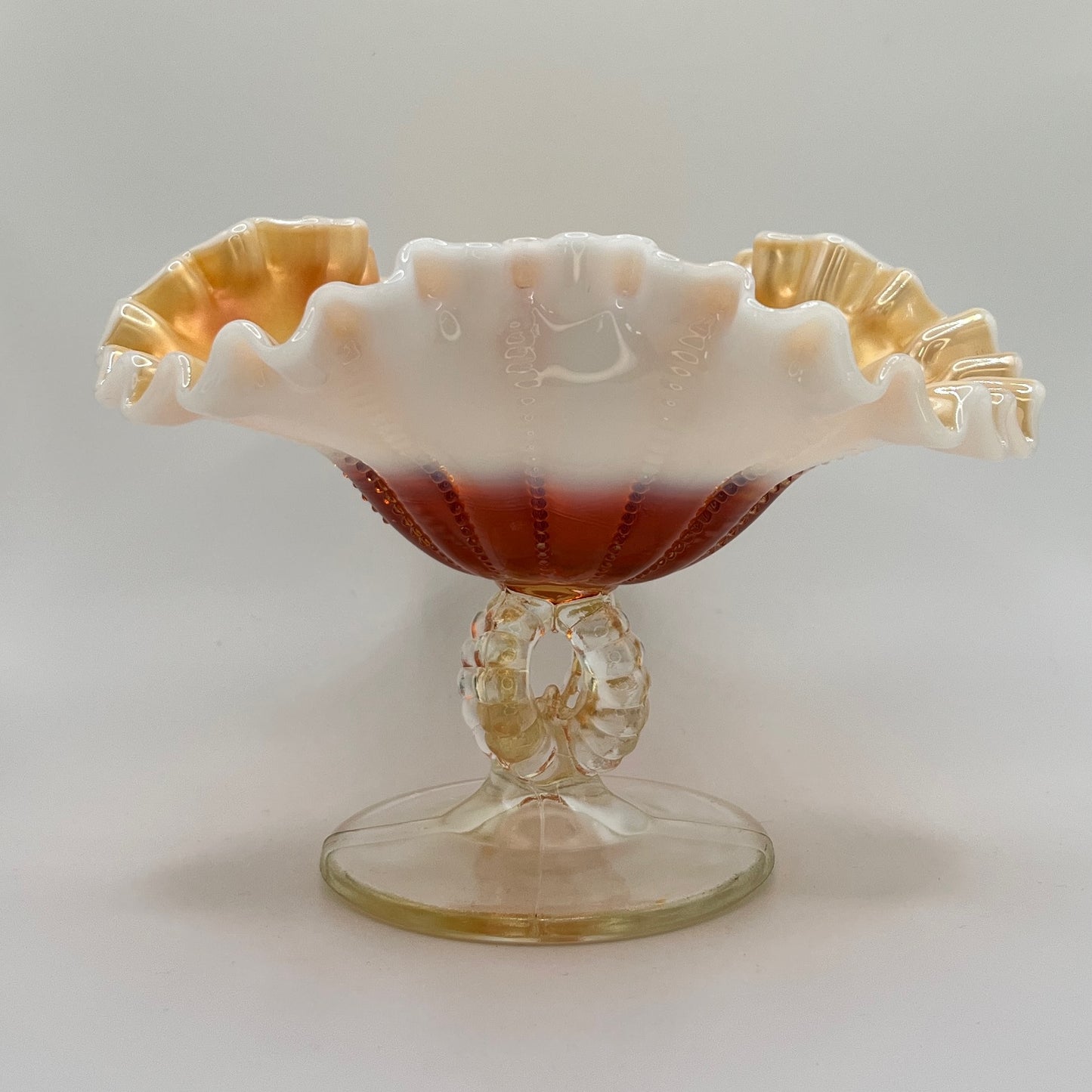 Antique Dugan Beaded Shell Marigold Opalescent Glass Compote with Ruffled Edge and Scroll Stem