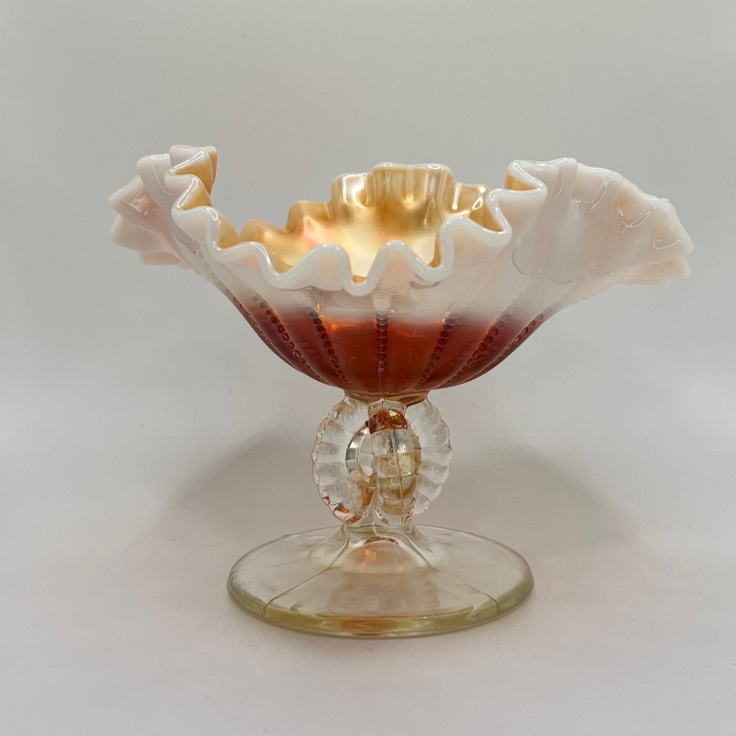 Antique Dugan Beaded Shell Marigold Opalescent Glass Compote with Ruffled Edge and Scroll Stem