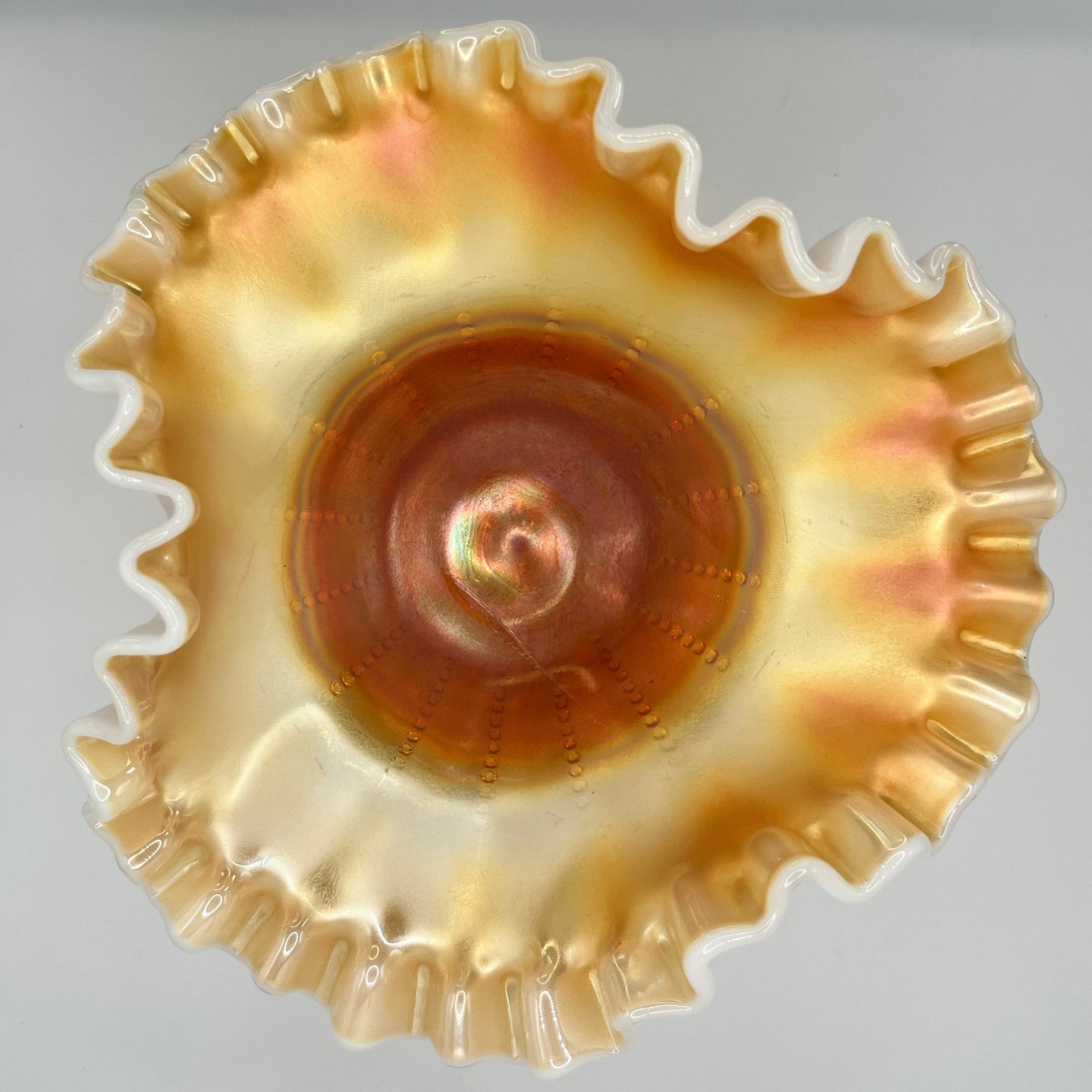Antique Dugan Beaded Shell Marigold Opalescent Glass Compote with Ruffled Edge and Scroll Stem