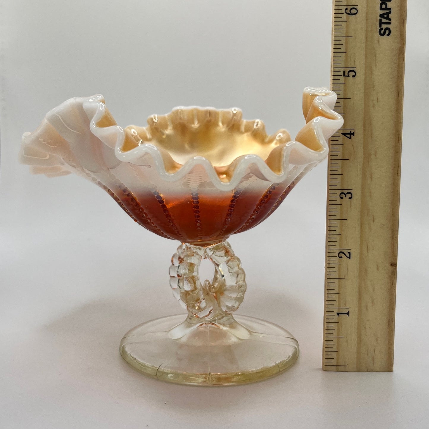 Antique Dugan Beaded Shell Marigold Opalescent Glass Compote with Ruffled Edge and Scroll Stem