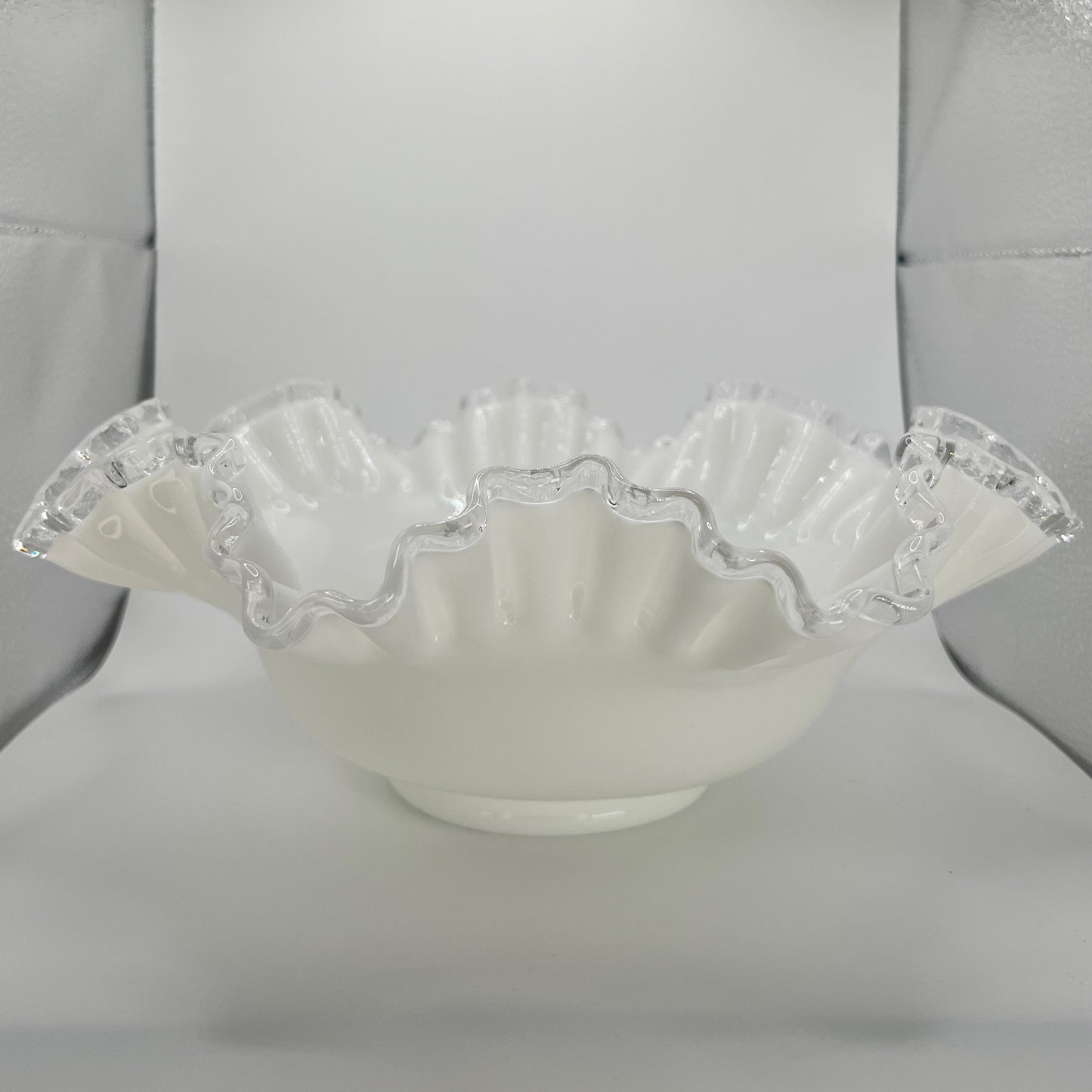 Fenton Art Glass White Milk Glass Bowl with Silver Crest Ruffled Edge