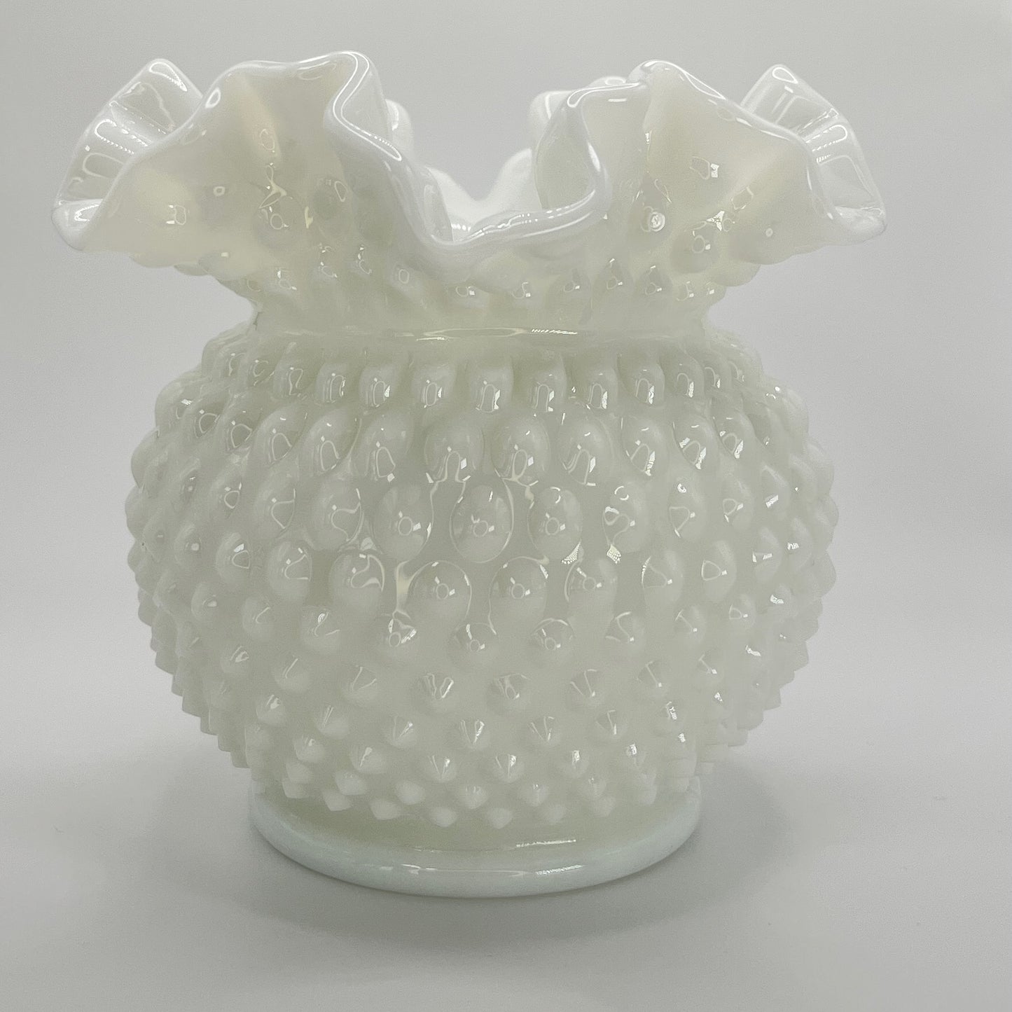 Fenton Art Glass White Milk Glass Hobnail Vase with Ruffled Edge – 6"