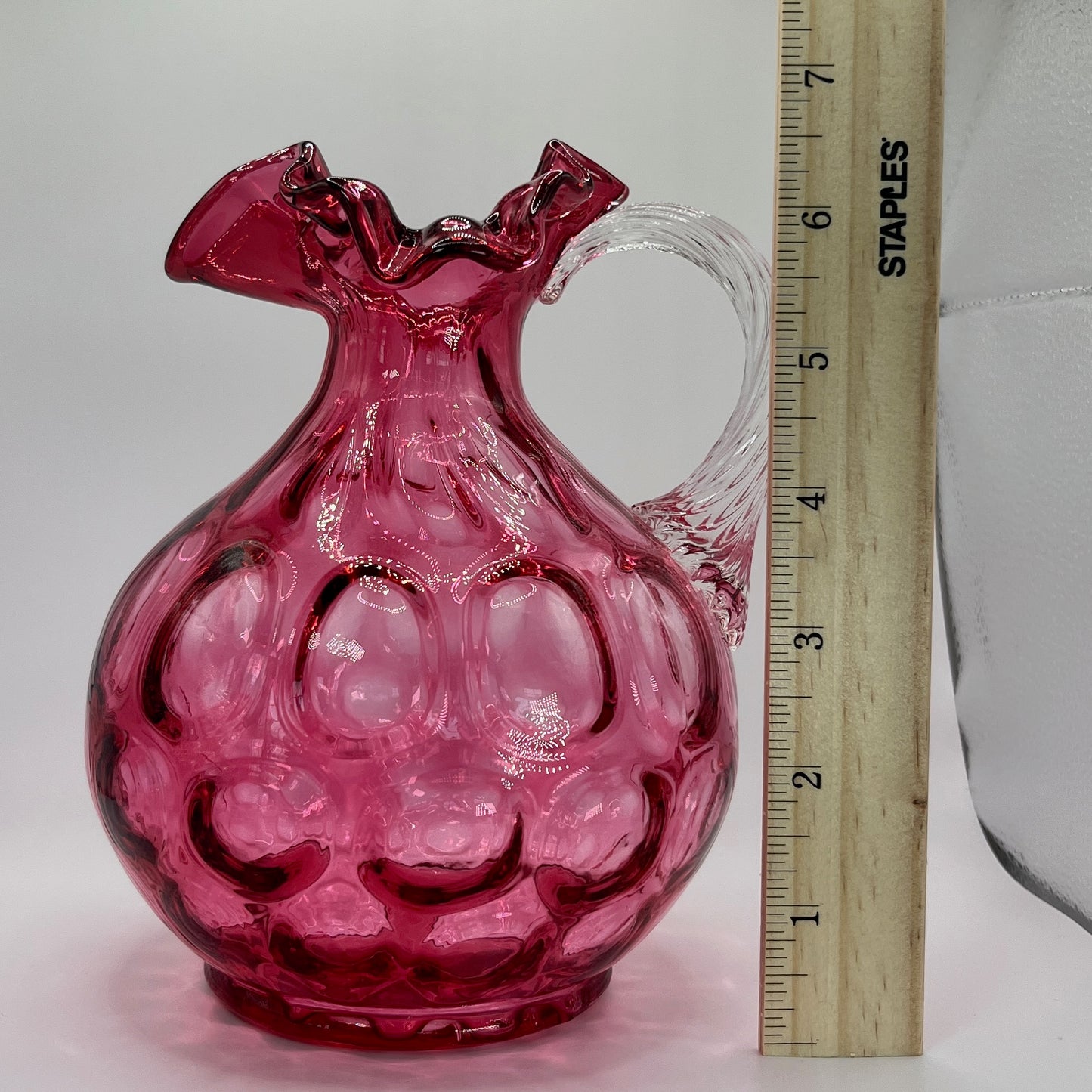 Fenton Art Glass Cranberry Opalescent Coin Dot Pitcher with Clear Handle