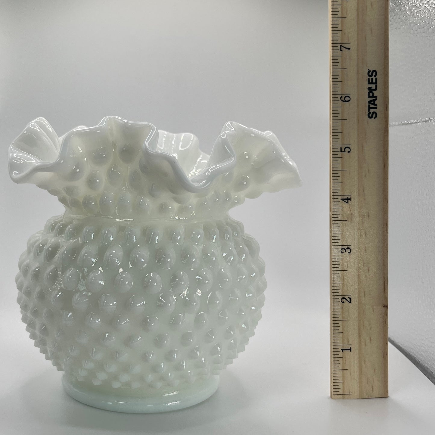Fenton Art Glass White Milk Glass Hobnail Vase with Ruffled Edge – 6"