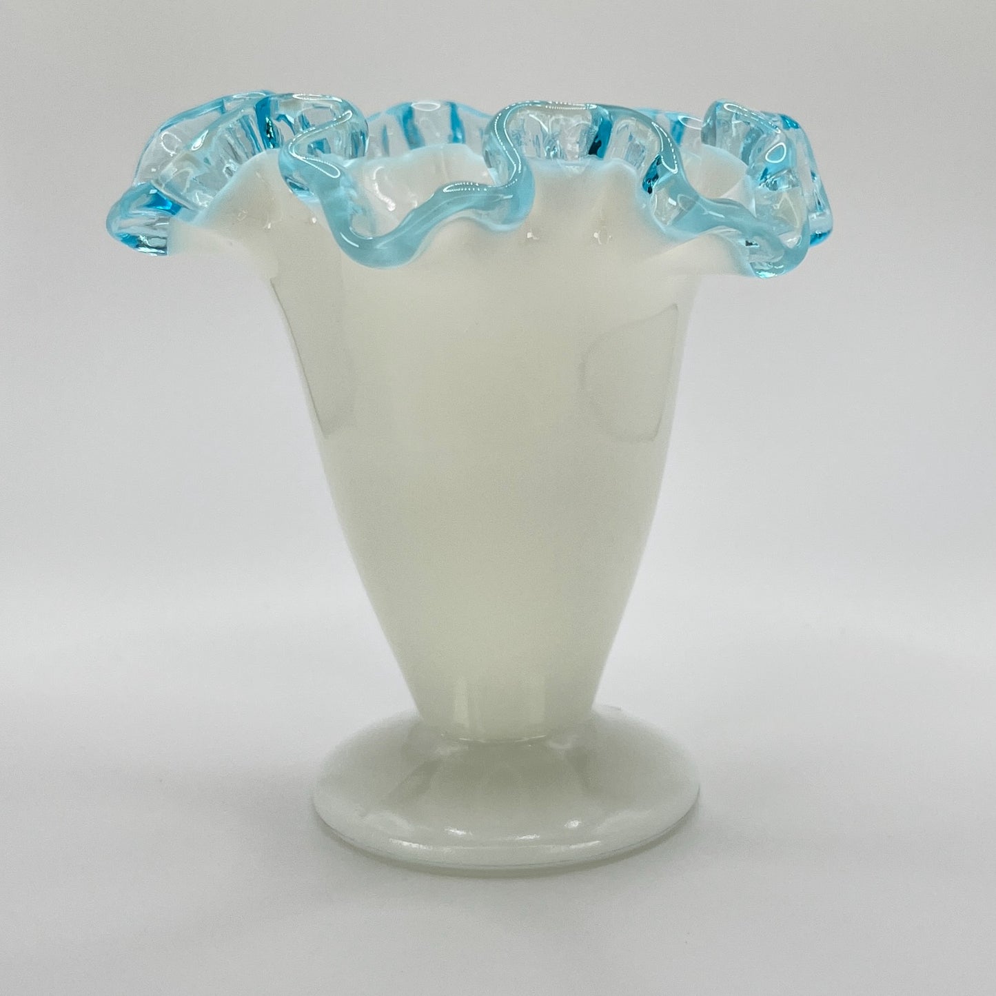Fenton Milk Glass Vase with Aqua Blue Ruffled Rim – Vintage Art Glass