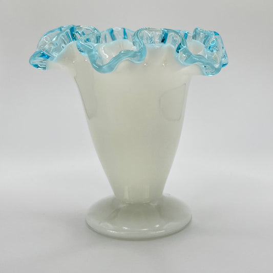 Fenton Milk Glass Vase with Aqua Blue Ruffled Rim – Vintage Art Glass