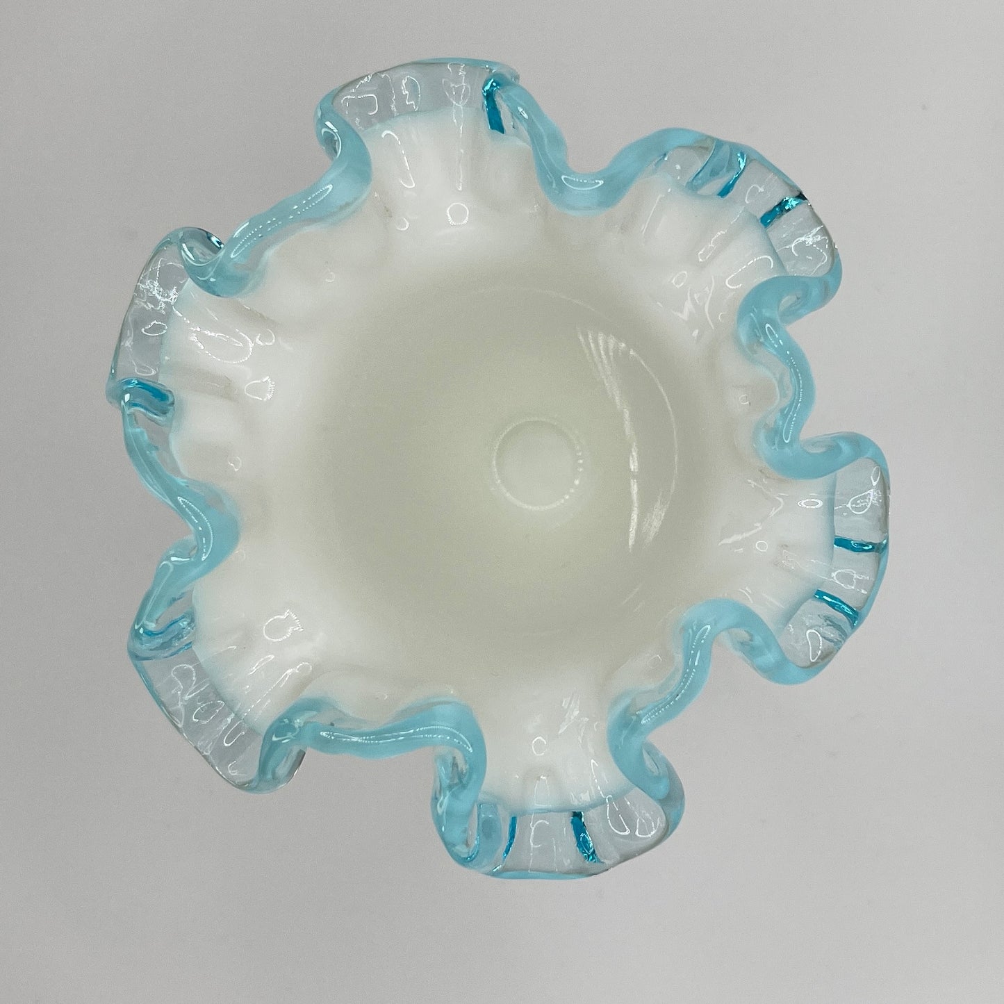 Fenton Milk Glass Vase with Aqua Blue Ruffled Rim – Vintage Art Glass