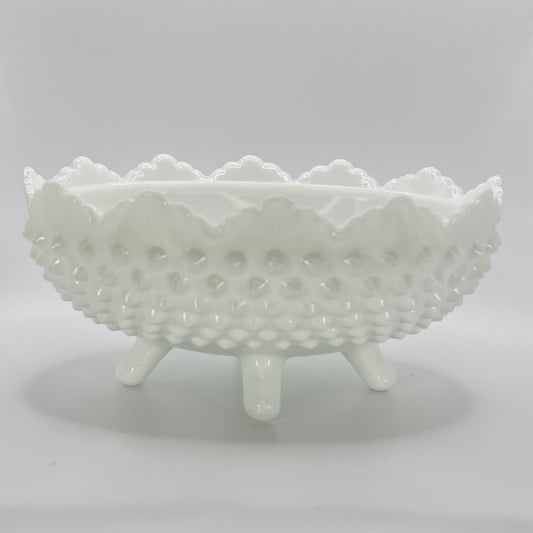 Fenton Milk Glass Hobnail Footed Bowl – Scalloped Edge Vintage Dish