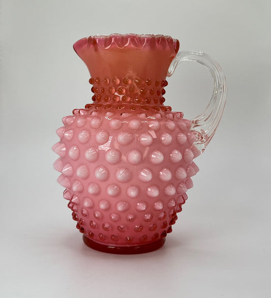 Fenton Cranberry Opalescent Hobnail Pitcher – Vintage Art Glass with Clear Handle